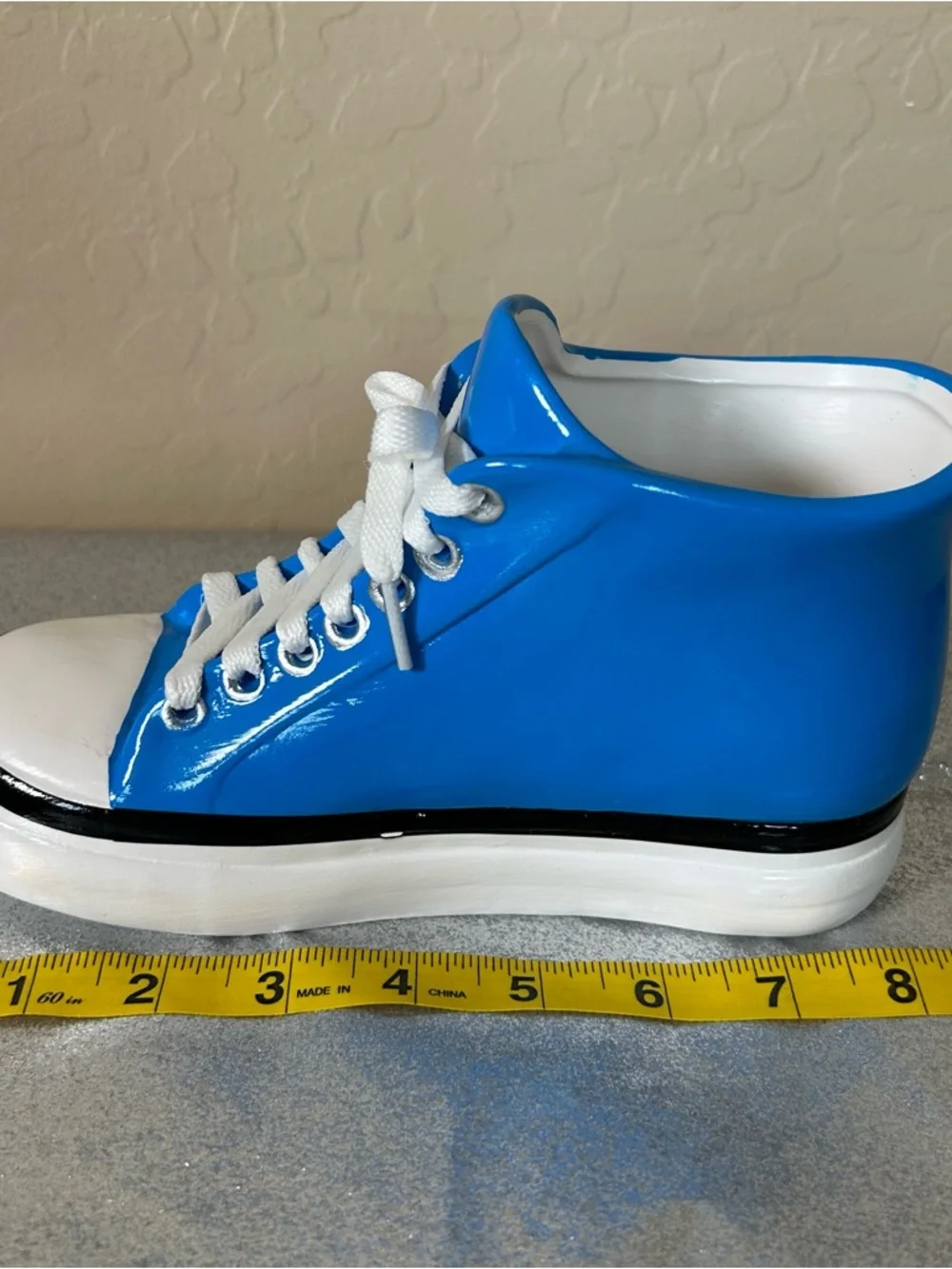 Decor! Ceramic Blue High-Top Sneaker w/ White Laces decoration vase fun room EUC - Picture 7 of 8